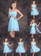 Sweet Mini Length Zipper Court Dresses for Sweet 16 Baby Blue and In for Prom and Party and Wedding Party with Ruffles and Sequins and Ruching and Bowknot and Hand Made Flower