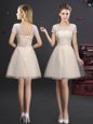 Fine Champagne A-line V-neck Short Sleeves Tulle Mini Length Lace Up Lace and Appliques and Belt Damas Dress