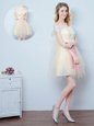 Beauteous Off the Shoulder Mini Length Champagne Bridesmaids Dress Tulle Short Sleeves Lace and Appliques and Ruffles and Bowknot