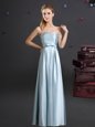 Delicate Off the Shoulder Floor Length Light Blue Damas Dress Tulle Sleeveless Ruching and Bowknot