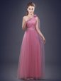 Wonderful Pink Wedding Party Dress Prom and Party and Wedding Party and For with Beading and Ruching and Hand Made Flower One Shoulder Sleeveless Lace Up