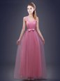 Edgy Pink Empire Tulle Straps Sleeveless Ruching and Bowknot Floor Length Lace Up Bridesmaid Dresses