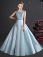 Best Straps Sleeveless Zipper Bridesmaid Gown Light Blue Elastic Woven Satin