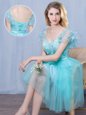 High Class Tulle Sweetheart Short Sleeves Lace Up Lace and Appliques and Bowknot Bridesmaid Gown in Aqua Blue