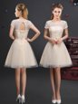 Attractive Champagne Scoop Lace Up Lace and Appliques and Belt Wedding Guest Dresses Short Sleeves