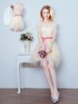 Scoop Half Sleeves Lace and Appliques and Ruffles and Bowknot Lace Up Wedding Party Dress