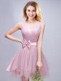 Smart Sleeveless Mini Length Ruffles and Ruching and Bowknot Lace Up Dama Dress with Pink