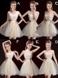 Mini Length Lace Up Dama Dress Champagne and In for Prom and Party and Wedding Party with Lace and Appliques and Belt