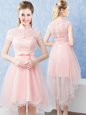 Pretty Short Sleeves Tulle High Low Zipper Quinceanera Dama Dress in Baby Pink for with Lace and Belt
