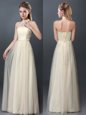 Halter Top Champagne Empire Lace and Appliques Quinceanera Dama Dress Lace Up Tulle Sleeveless Floor Length