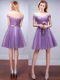 Super Lavender Lace Up Off The Shoulder Ruching and Belt Court Dresses for Sweet 16 Tulle Sleeveless