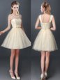 Delicate Scoop Mini Length Champagne Wedding Guest Dresses Tulle Sleeveless Lace and Hand Made Flower
