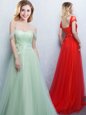 Off the Shoulder Sleeveless With Train Appliques and Ruching Lace Up Bridesmaid Dresses with Apple Green Brush Train