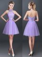 Glamorous Halter Top Sleeveless Tulle Mini Length Lace Up Bridesmaid Gown in Lavender for with Lace and Appliques