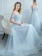 Custom Design Off the Shoulder Cap Sleeves Floor Length Lace Up Wedding Guest Dresses Light Blue and In for Prom and Party with Beading and Appliques