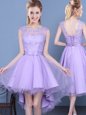 Eye-catching Scoop Lace Wedding Party Dress Lavender Lace Up Sleeveless Mini Length