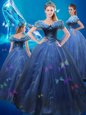 Latest Cinderella Off the Shoulder Navy Blue A-line Beading and Bowknot Quinceanera Gown Lace Up Tulle Sleeveless Floor Length