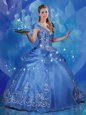 Cinderella Organza Off The Shoulder Cap Sleeves Lace Up Beading and Embroidery Quinceanera Gown in Blue