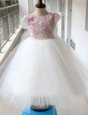 Simple Scoop Cap Sleeves Zipper Flower Girl Dress White and Lilac Tulle