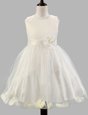 Scoop White Sleeveless Appliques and Bowknot and Hand Made Flower Floor Length Flower Girl Dress