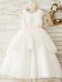 Custom Design White Organza Zipper Scoop Cap Sleeves Floor Length Flower Girl Dress Lace and Appliques and Bowknot
