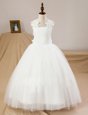 New Arrival Sleeveless Floor Length Lace and Appliques Criss Cross Flower Girl Dress with White
