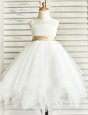 White Scoop Zipper Lace and Ruffled Layers and Sashes|ribbons Toddler Flower Girl Dress Sleeveless