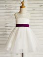 White A-line Scoop Sleeveless Tulle Mini Length Zipper Lace and Bowknot Flower Girl Dresses