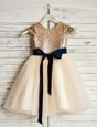 Champagne Scoop Neckline Sashes|ribbons and Sequins Flower Girl Dresses Sleeveless Zipper
