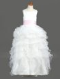 Ideal Scoop White Column/Sheath Ruffled Layers Flower Girl Dresses for Less Zipper Organza Sleeveless Floor Length
