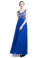 Free and Easy Column/Sheath Prom Dress Royal Blue V-neck Chiffon Sleeveless Ankle Length Zipper