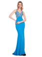 Spectacular Baby Blue Clasp Handle V-neck Beading Dress for Prom Silk Like Satin Sleeveless