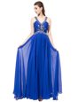 Deluxe V-neck Sleeveless Prom Gown With Train Sweep Train Beading Royal Blue Chiffon