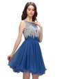 Admirable Sleeveless Organza Knee Length Zipper Prom Dresses in Blue for with Beading