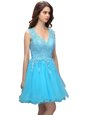 Baby Blue V-neck Backless Beading and Appliques Homecoming Dress Sleeveless