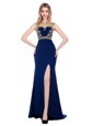Beading and Appliques Evening Dress Navy Blue Zipper Sleeveless With Train Sweep Train