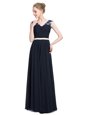 Fantastic V-neck Sleeveless Prom Dresses Floor Length Beading Navy Blue Chiffon