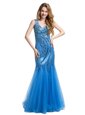 Dazzling Mermaid Baby Blue Sleeveless Beading and Appliques Floor Length Evening Dress