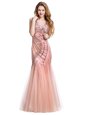 Gorgeous Mermaid Peach Lace Up Homecoming Dress Beading Sleeveless Floor Length