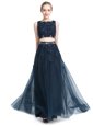 Cute Scoop Floor Length Empire Sleeveless Navy Blue Prom Evening Gown Zipper
