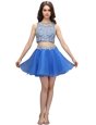 Mini Length Zipper Prom Gown Blue and In for Prom and Party with Beading
