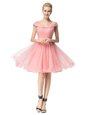Ideal Knee Length Pink Prom Evening Gown Off The Shoulder Cap Sleeves Zipper