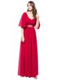 Half Sleeves Floor Length Beading Zipper Dress for Prom with Coral Red