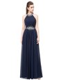 New Style Scoop Sleeveless Chiffon Floor Length Side Zipper Homecoming Dress in Navy Blue for with Beading