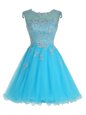 Baby Blue A-line Organza Scoop Sleeveless Beading and Appliques Mini Length Zipper Prom Gown