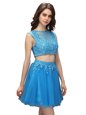 Elegant Mini Length Baby Blue Prom Party Dress Tulle Sleeveless Beading and Appliques