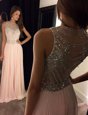 Cute Scoop Sleeveless With Train Beading Backless Prom Dress with Champagne Brush Train