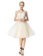 Scoop Champagne A-line Beading Cocktail Dresses Zipper Organza Sleeveless Knee Length