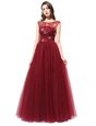Scoop Burgundy Column/Sheath Beading Celebrity Prom Dress Zipper Tulle Sleeveless Floor Length