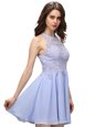 Modern Halter Top Sleeveless Junior Homecoming Dress Mini Length Beading and Lace Lavender Chiffon
